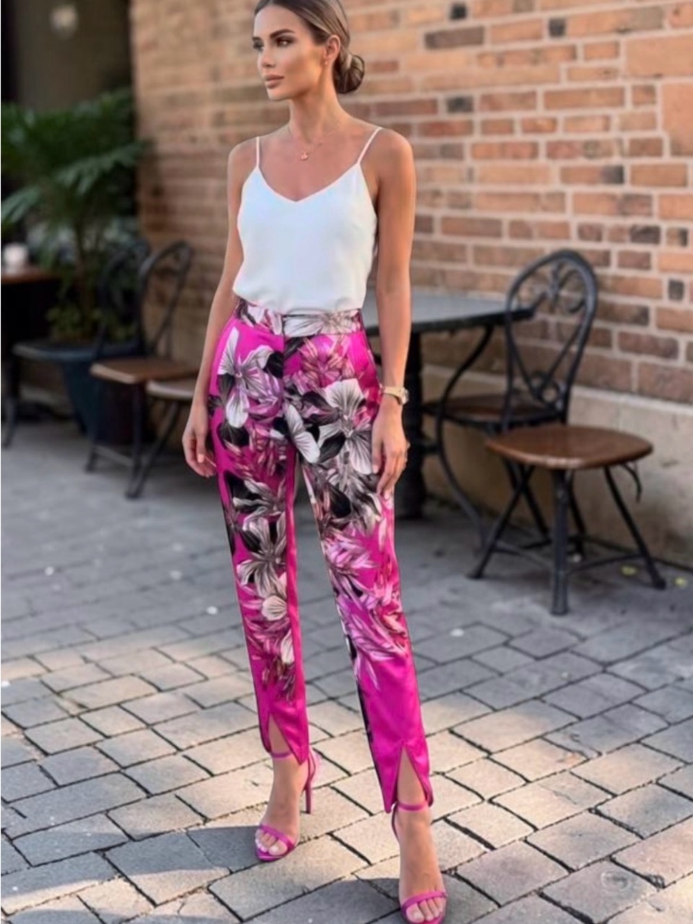 Marciano Pink Floral Straight-Leg Satin Pants